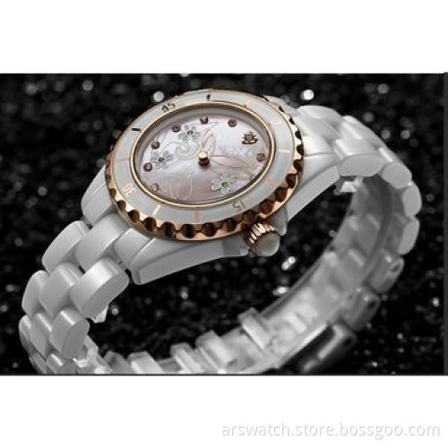 Lady's ceramic watch, elegant dial design with crystal stonesNew